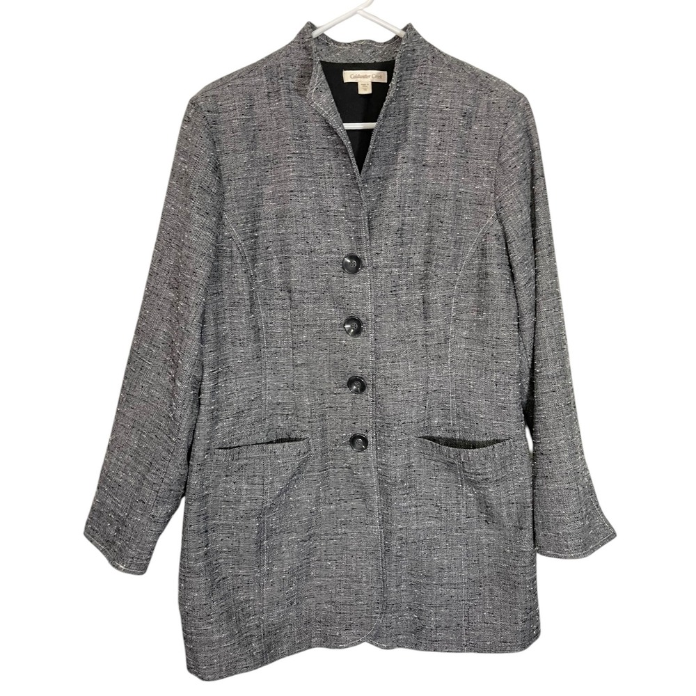 Coldwater‎ Creek 14 Grey Jacket Herringbone Button Front Paisley Lining Office